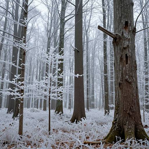 Photograph of a frost-covered forest with tall, dark tree trunks, white frost on branches, and a large tree in the foreground.