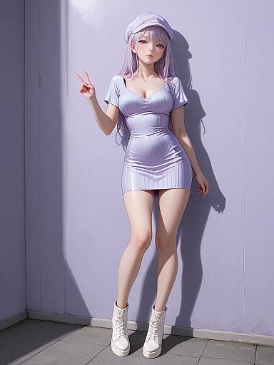 Anime-style digital illustration of a slender woman with long lavender hair, wearing a white nurse outfit, cap, and boots, posing with a peace sign against