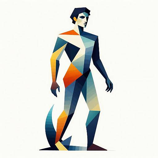 Geometric, abstract digital illustration of a male figure in bold, contrasting colors—blue, orange, white, and black—against a white background.