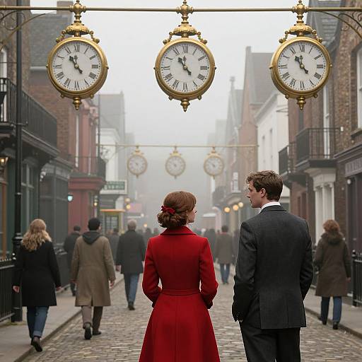 Photograph of a Victorian-style street with four golden clock faces overhead, featuring a red-dressed woman and a dark-suited man standing together, facing
