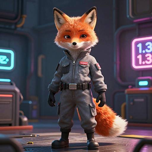 CGI image of an anthropomorphic fox in a grey jumpsuit, standing confidently in a neon-lit, futuristic room. Fox has vibrant orange fur