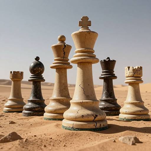 Photograph of cracked, weathered chess pieces standing in a desert sand dune under a clear blue sky. King and pawns in foreground.