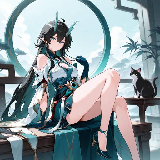 Elegant Girl with Cat in Glamorous Outfit