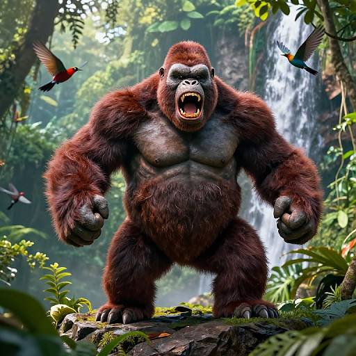 CGI image of a powerful, roaring gorilla with dark brown fur, standing on a moss-covered rock in a lush jungle, with two colorful birds
