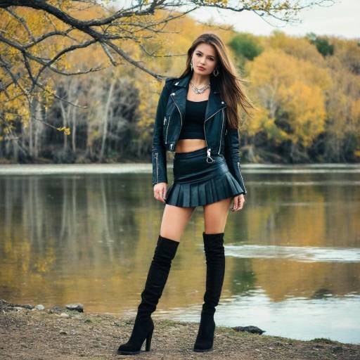 Fashionable woman standing by lakeside in autumn