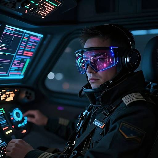 Photograph of a serious male pilot with reflective visor, wearing a black flight suit, focused on glowing, multi-colored cockpit controls.