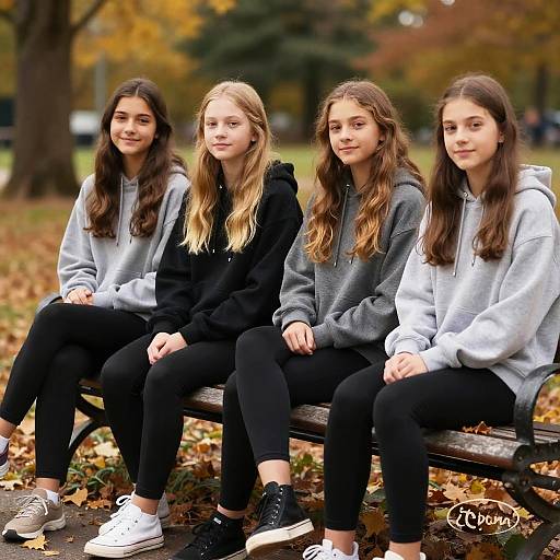 Teen Girls Sitting on Park Bench in Autumn