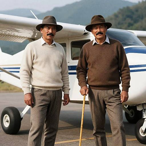 Two Men Standing by Small Airplane