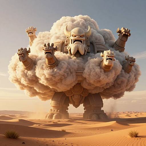 CGI image of a massive, white stone behemoth with four arms, horns, and a beard, engulfed in swirling clouds, standing in a