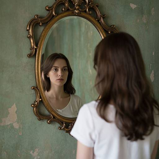 Photograph of a woman with dark hair, white top, standing before an ornate, oval mirror, reflecting her contemplative expression against a worn,