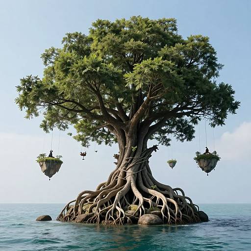 Photorealistic CGI of a massive tree with intricate roots, floating on a calm ocean, with three hanging platforms containing small figures.