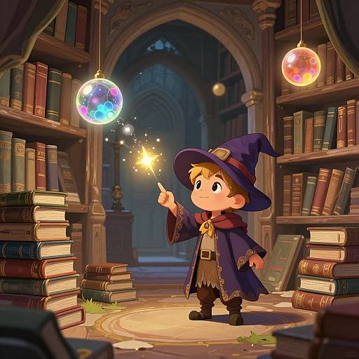 Cartoon wizard child with blue hat and cloak, holding a sparkler, conjures a colorful orb in a dimly lit, book-filled library.