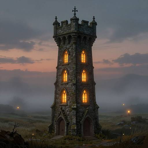 Photograph of a Gothic-style stone tower with glowing orange windows, set against a twilight sky with misty, foggy landscape.