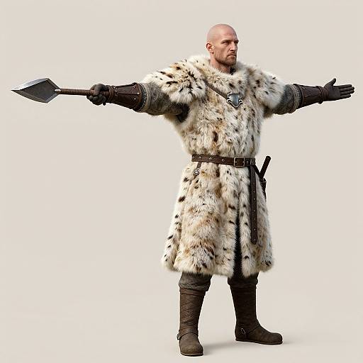 CGI image of a bald, bearded man in a fur-lined, black-spotted cloak, brown leather belt, gloves, and boots, standing