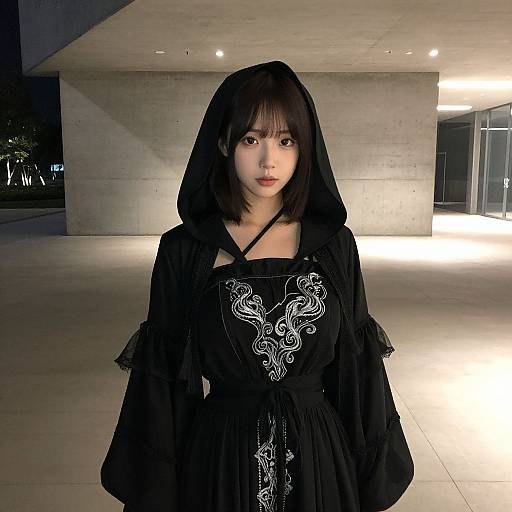 Photograph of an Asian woman with pale skin and straight black hair, wearing a black hooded dress with white embroidery, standing in a modern, illuminated