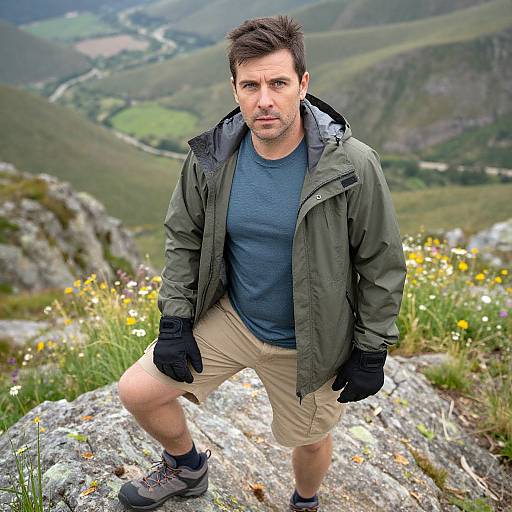 Photograph of a muscular, bearded man with short brown hair, wearing a green jacket, blue shirt, beige shorts, and gloves, standing on