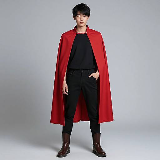 Photograph of an Asian man with black hair, wearing a red cape, black shirt, black pants, and brown boots, standing against a plain light
