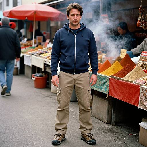 Photograph of a serious-looking man in a navy hoodie and tan cargo pants standing in a bustling outdoor market, smoke wafts from spices behind him.