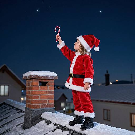 Child in Mini Santa Suit on Rooftop