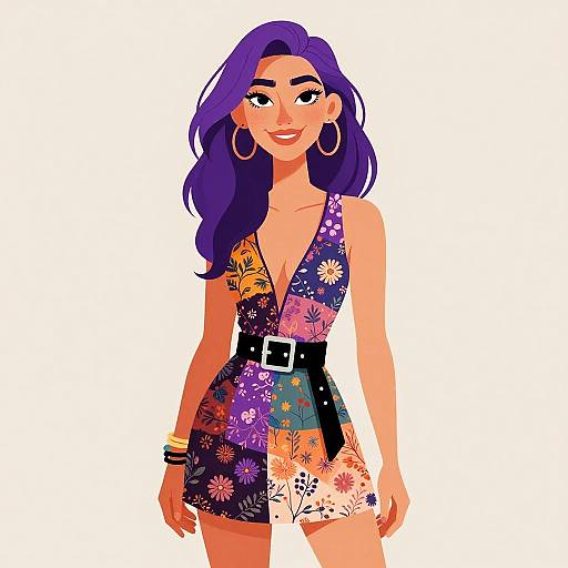 Digital illustration of a smiling woman with purple hair, wearing a colorful floral romper, black belt, large hoop earrings, and bracelets.