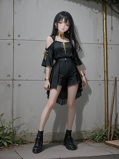 Photograph of an Asian woman with long black hair, wearing a black off-shoulder dress, gold accessories, and black boots, standing against a