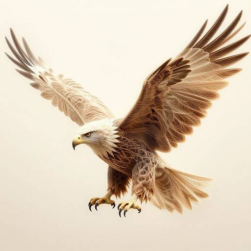 Digital illustration of a majestic bald eagle in mid-flight, wings spread wide, showcasing detailed brown and white feathers against a bright white background.