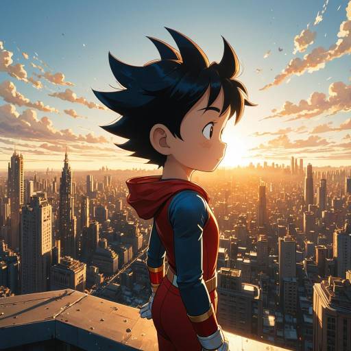 Anime Character Astro Boy Overlooking Cityscape at Sunset