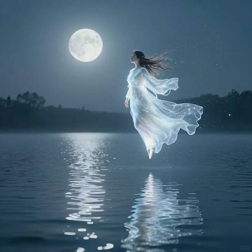 Photograph of a glowing, ethereal woman in a flowing white dress, jumping into a moonlit, reflective lake, with a bright full moon in