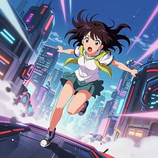 Anime-style digital drawing of a surprised schoolgirl with brown hair, white shirt, green skirt, and yellow scarf, running through a vibrant, neon-l