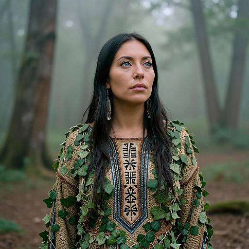 Photograph of a pale-skinned woman with long black hair, wearing a leaf-adorned, intricately patterned medieval-style garment, standing in