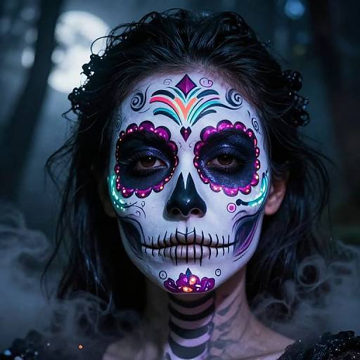 Photograph of a woman with Day of the Dead face paint in dark forest, featuring white skull face with vibrant pink, blue, and red floral and