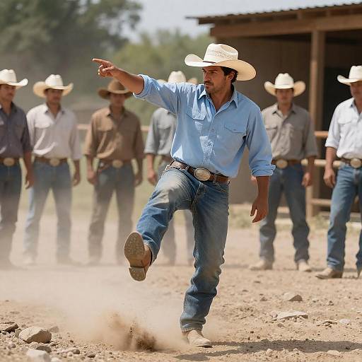Cowboy Pointing in Dusty Western Scene