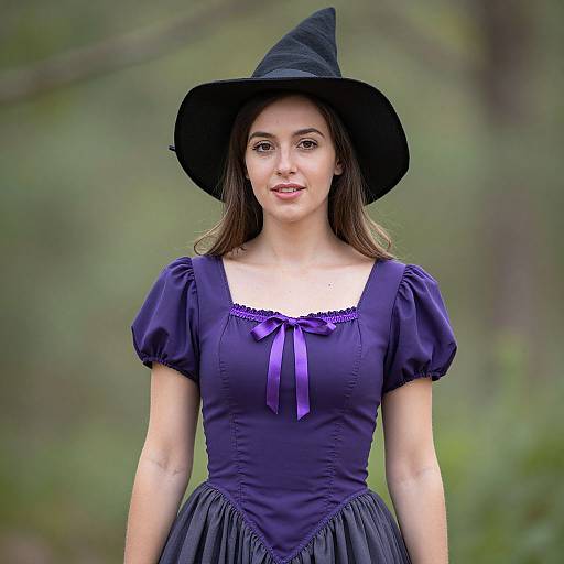 Photograph of a young woman with fair skin and brown hair, wearing a black witch hat and a purple, puffed-sleeve dress with a