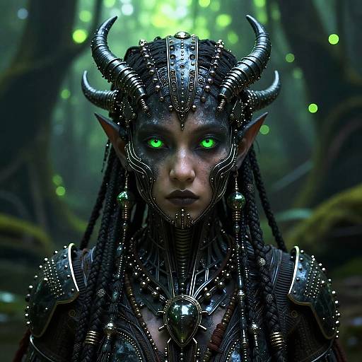 Digital fantasy artwork of a dark-skinned, green-eyed, horned elf with intricate armor, braided hair, and glowing forest background.