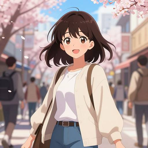 Cheerful Anime Girl in Cherry Blossoms