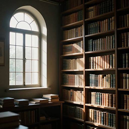 Photograph of a dimly lit library with sunlight streaming through an arched window, illuminating rows of bound books on wooden shelves.