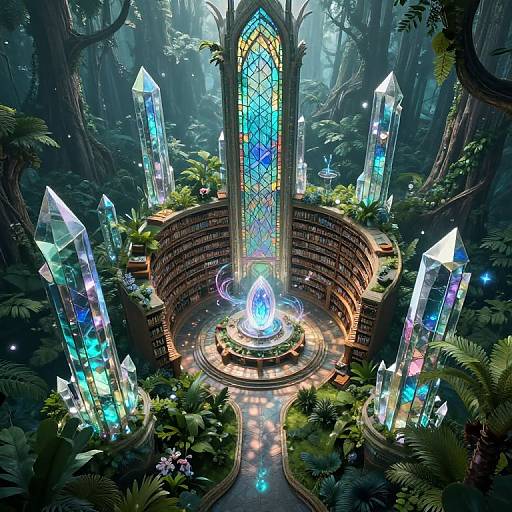 Digital fantasy artwork: Elaborate crystal cathedral in lush forest, featuring a central glowing crystal orb, surrounded by towering, colorful crystals and vibrant foliage.