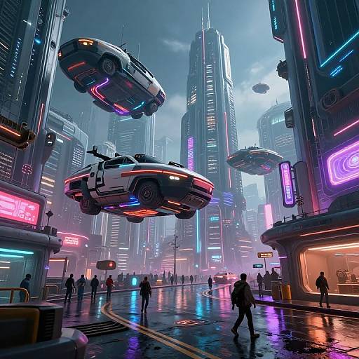 Neon-lit cyberpunk cityscape with hovering cars, rain-soaked streets, and futuristic skyscrapers. Vibrant neon signs, floating vehicles