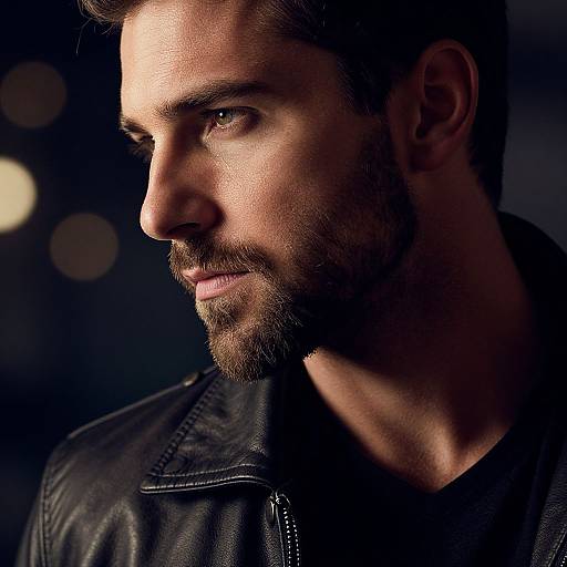 Photograph of a handsome, bearded man with blue eyes, short brown hair, and a black leather jacket, illuminated from the right, with a