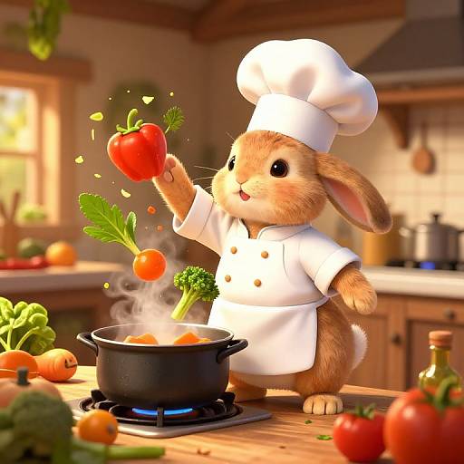 Adorable CGI rabbit in a chef's hat cooks in a warm kitchen, holding a tomato over a steaming pot. Bright vegetables surround.