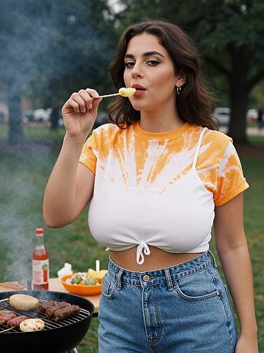 Photograph of a curvy woman with medium brown skin, dark hair, wearing an orange and white tie-dye crop top and high-waisted