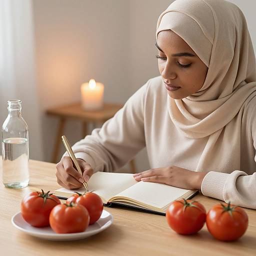 Woman Writing in Hijab by Candlelight
