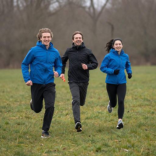 Joyful Trio Running on Grassy Field