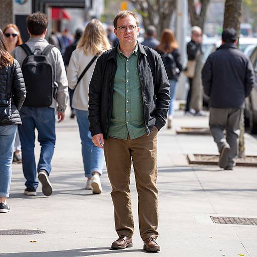 Photograph of a middle-aged man with glasses, brown pants, green shirt, black jacket, standing on a sunlit city sidewalk, surrounded by diverse