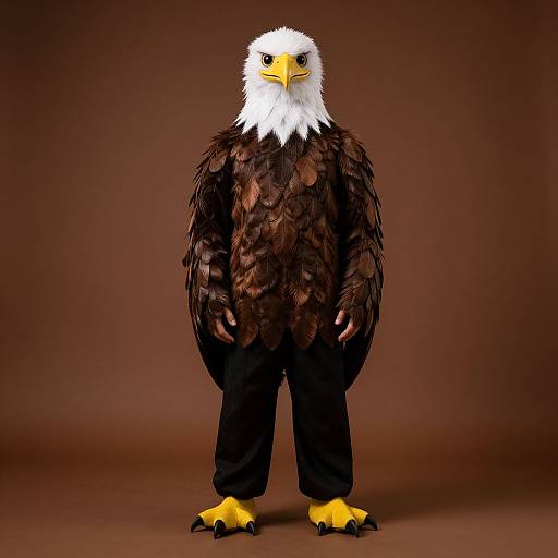 Photograph of a realistic, anthropomorphic bald eagle with white head, brown feathers, black body, yellow beak, and claws, standing against a