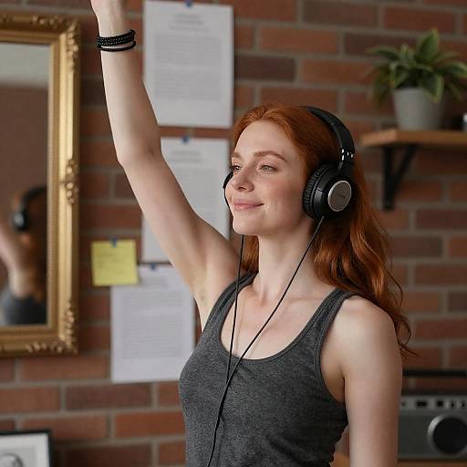 Vibrant Red-Haired Woman Listening to Music