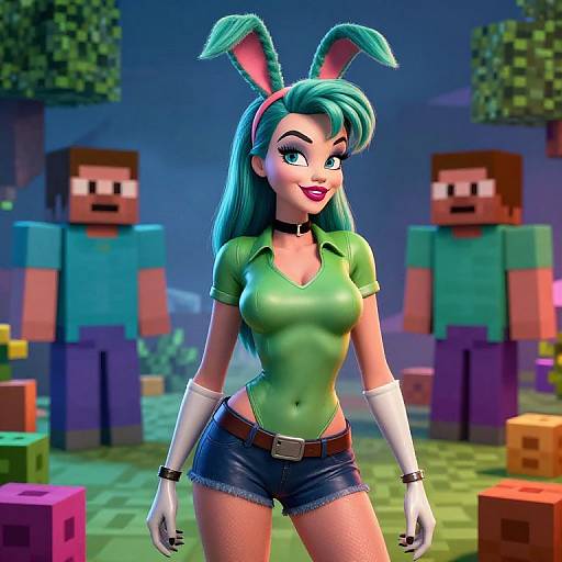 CGI image of a sexy, cartoon bunny-girl with teal hair, green shirt, denim shorts, white gloves, in a Minecraft-style world.