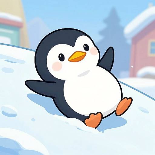 Cute Penguin Sliding Down Snowy Hill