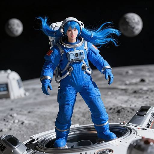 Blue Spacesuit Girl in Space Vehicle