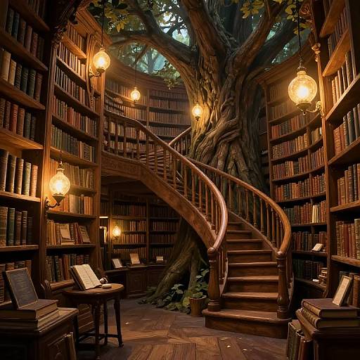 Photograph of a cozy, dimly-lit library with a spiral wooden staircase, towering tree trunk, warm yellow lamps, and wooden bookshelves